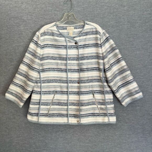 Chico's Striped Moto Jacket Womens XL 3 Tapestry Textured Zip Jacket Blue Silver - Picture 5 of 14
